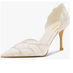 XYD White Lace Studs Pointed Toe Petal Curve Slip On Mid Heel Wedding Pumps